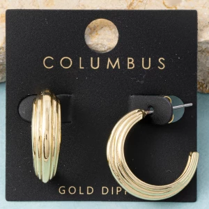 Gold Dipped Ribbed Triple Ridge Hoop Earrings