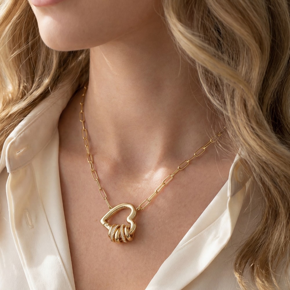 Gold Dipped Cz Pave Rings Heart Pendant Necklace