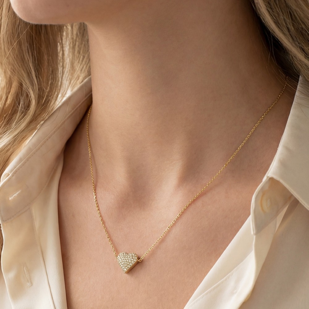 Gold Dipped Cz Pave Heart Pendant Necklace