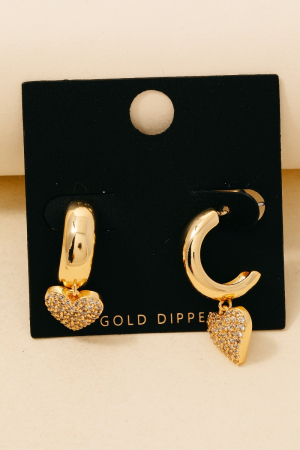 Gold Dipped Cz Pave Heart Charm Hoop Earrings
