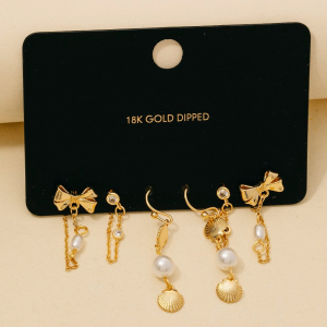 Gold Dipped Ribbon Bow Shell And Pearl Dangle Earrings Set