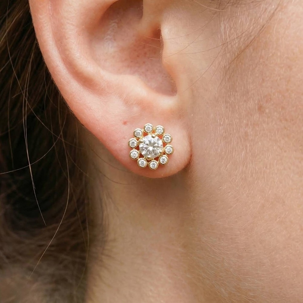 Gold Dipped Cz Pave Flower Stud Earrings