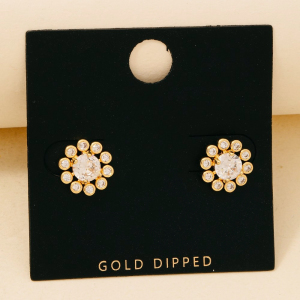 Gold Dipped Cz Pave Flower Stud Earrings