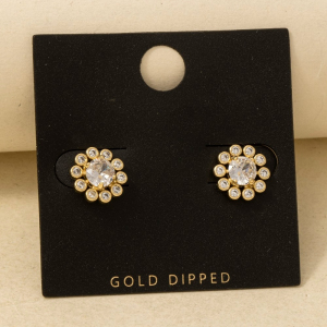 Gold Dipped Halo Cz Set Stud Earrings