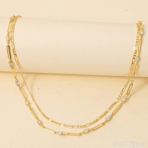 Gold Dipped Cz Station Gems Chain Necklace