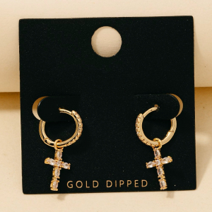 Gold Dipped Cz Baguette Cross Charm Hoop Earrings