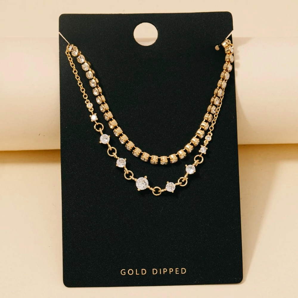 Gold Dipped Round Cz Gems And Chain Layered Necklace