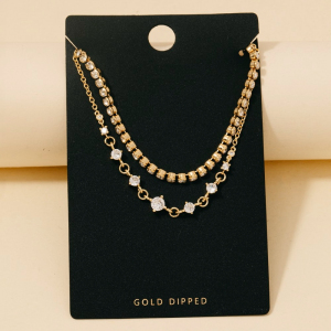 Gold Dipped Round Cz Gems And Chain Layered Necklace