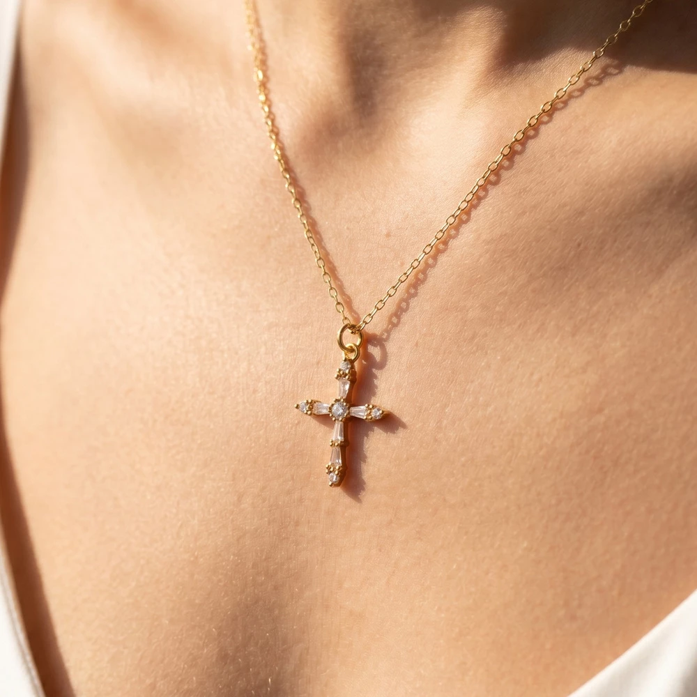 Gold Dipped Baguette Cz Cross Pendant Necklace
