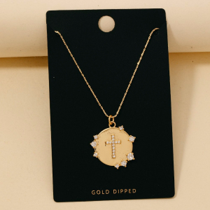 Gold Dipped Cz Cross Coin Pendant Necklace