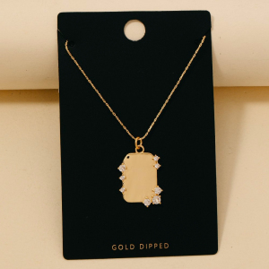 Gold Dipped Cz Studded Rectangle Pendant Necklace
