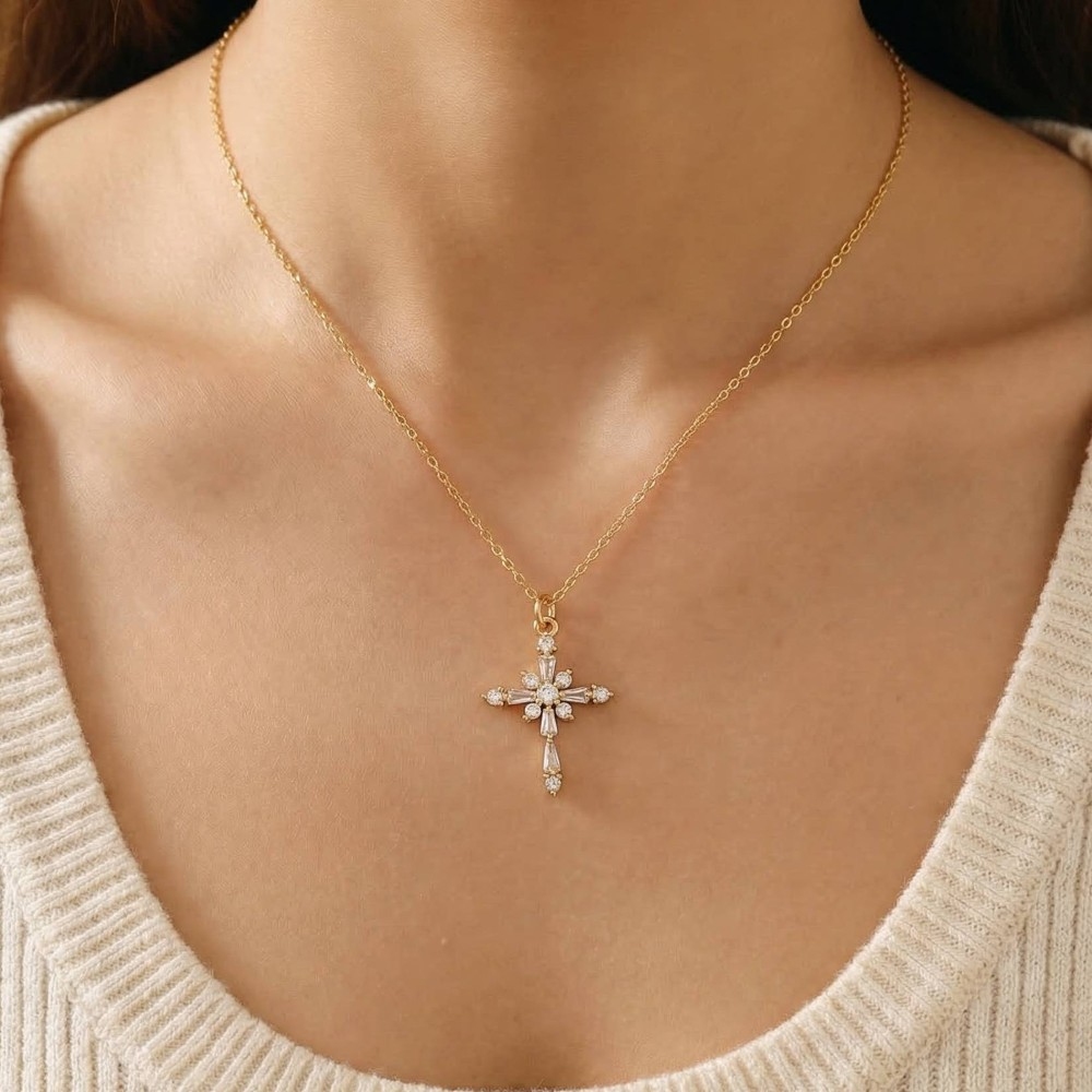 Gold Dipped Intricate Cz Cross Pendant Necklace