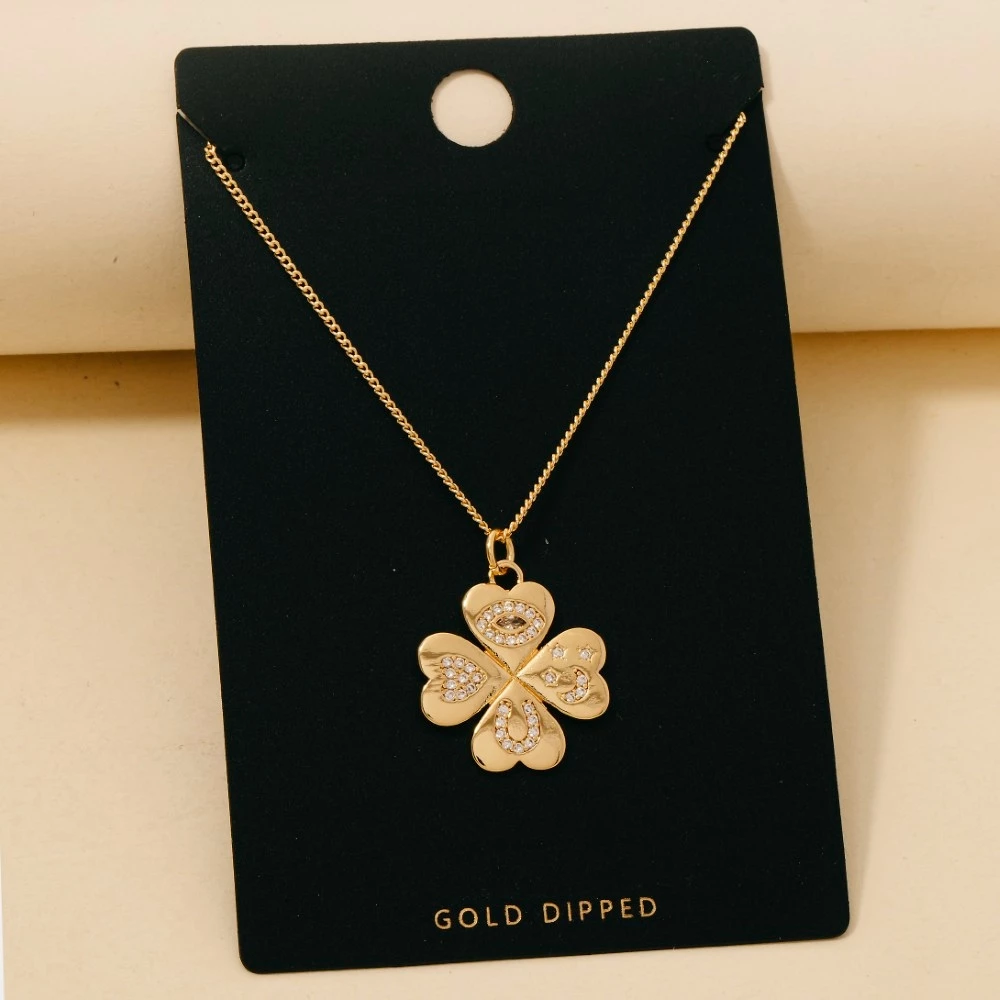 Gold Dipped Cz Pave Clover Pendant Necklace
