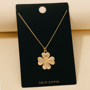 Gold Dipped Cz Pave Clover Pendant Necklace