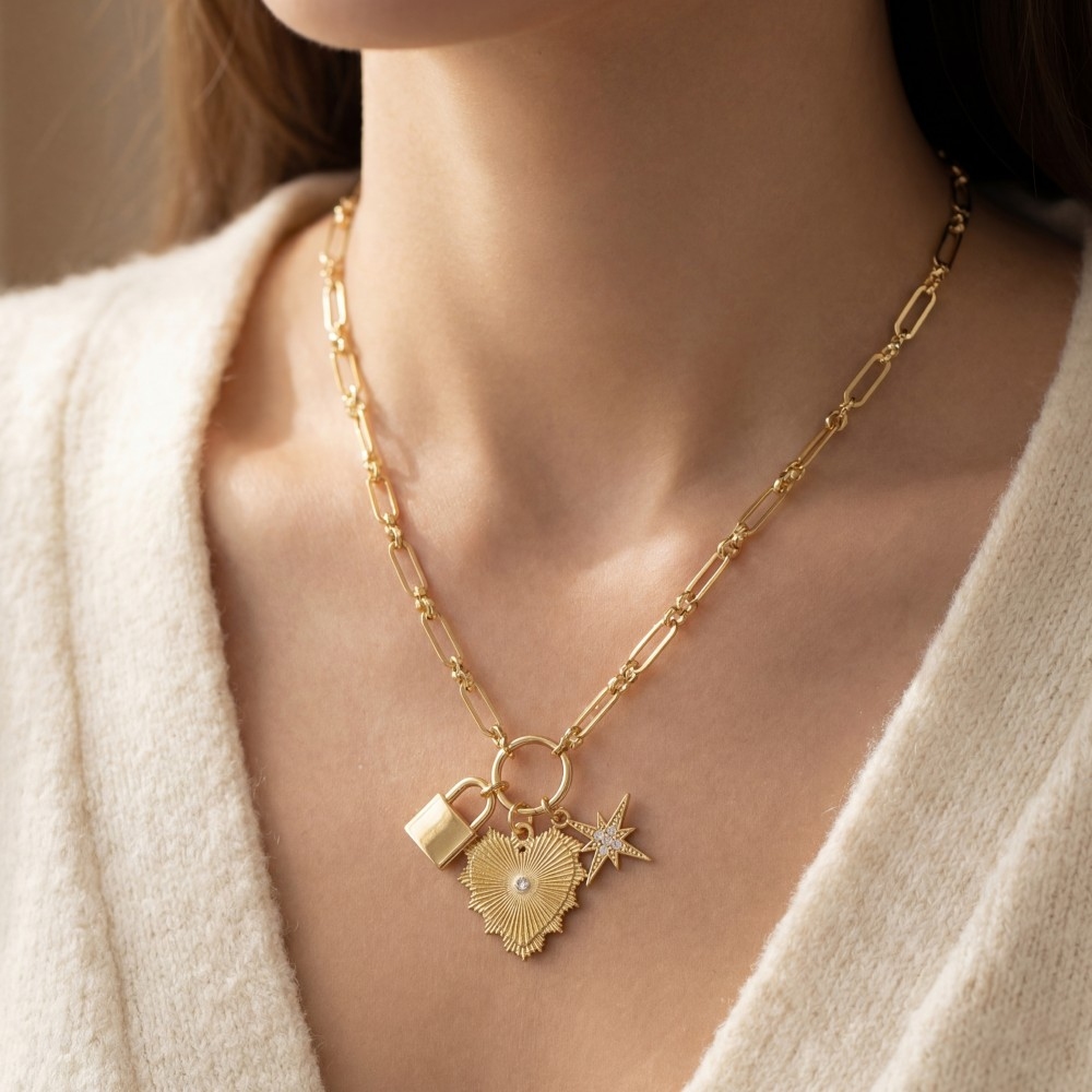 Gold Dipped Cz Star Heart And Lock Pendants Necklace