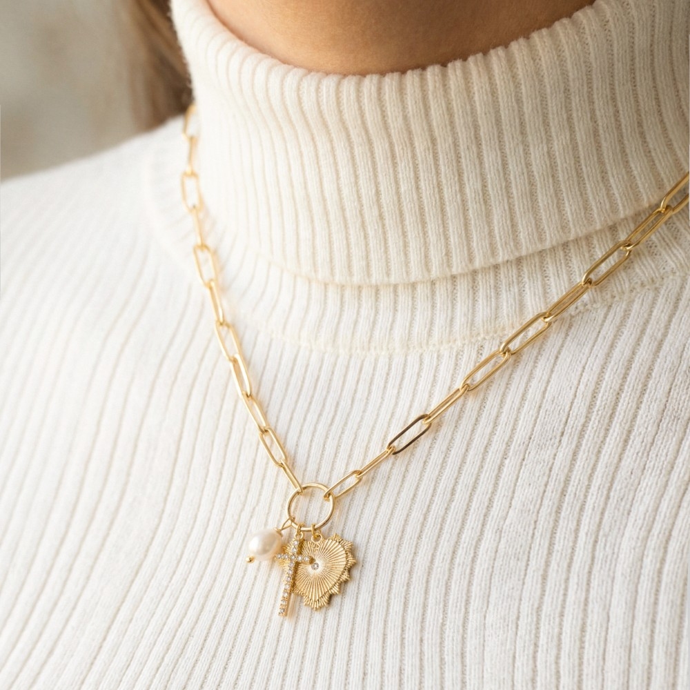 Gold Dipped Cz Pave Cross Pearl And Heart Charms Chain Necklace