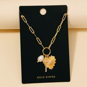Gold Dipped Cz Pave Cross Pearl And Heart Charms Chain Necklace