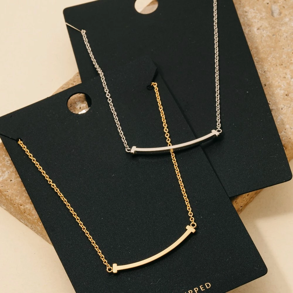 Gold Dipped Curved Bar Pendant Necklace