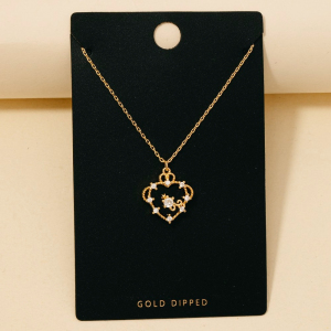 Gold Dipped Intricate Cz Royal Heart Pendant Necklace