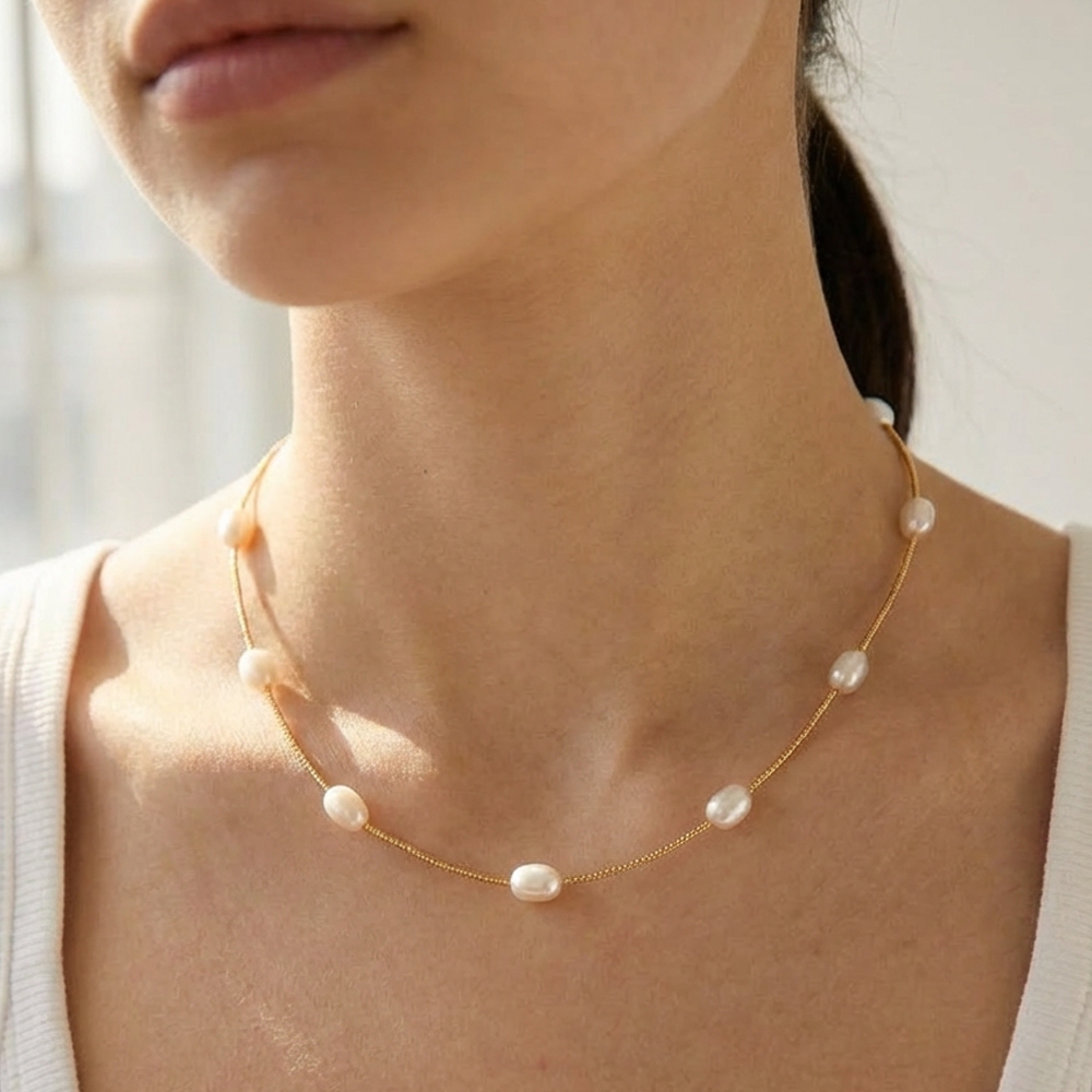 Gold Dipped Pearl Station Beads Box Chain Necklace