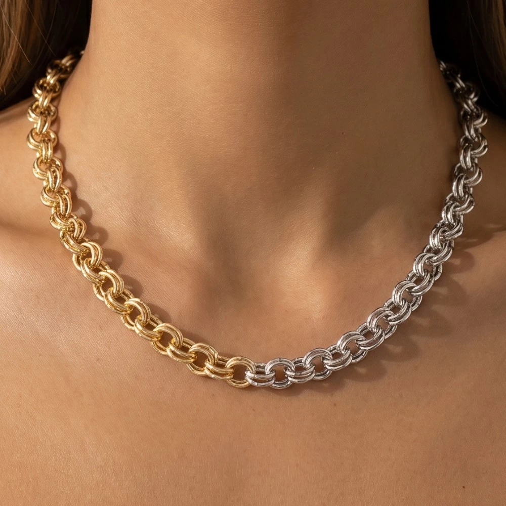Gold Dipped Two Tone Double Link Chain Necklace