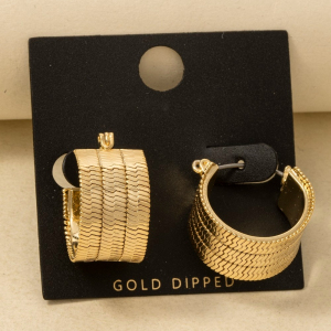 Gold Dipped Layered Herringbone Chain Hoop Earrings