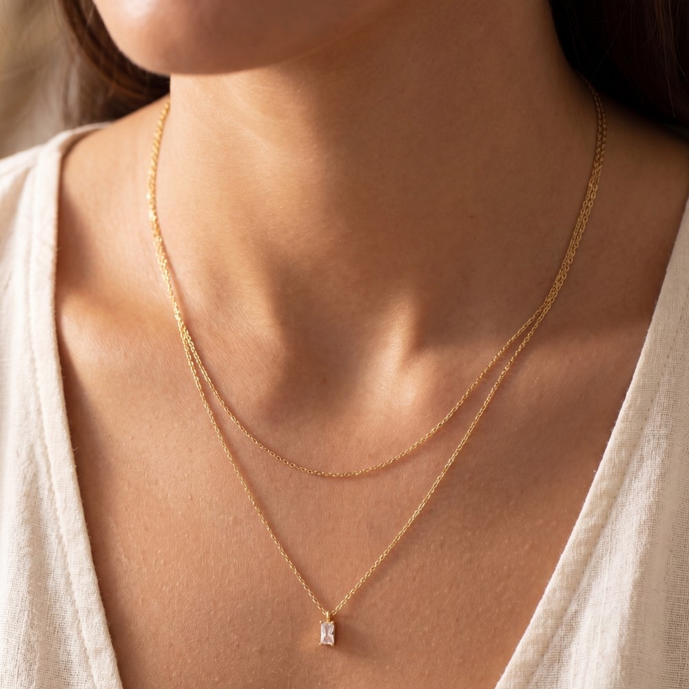 Layered Double Chain Baguette Cz Pendant Necklace