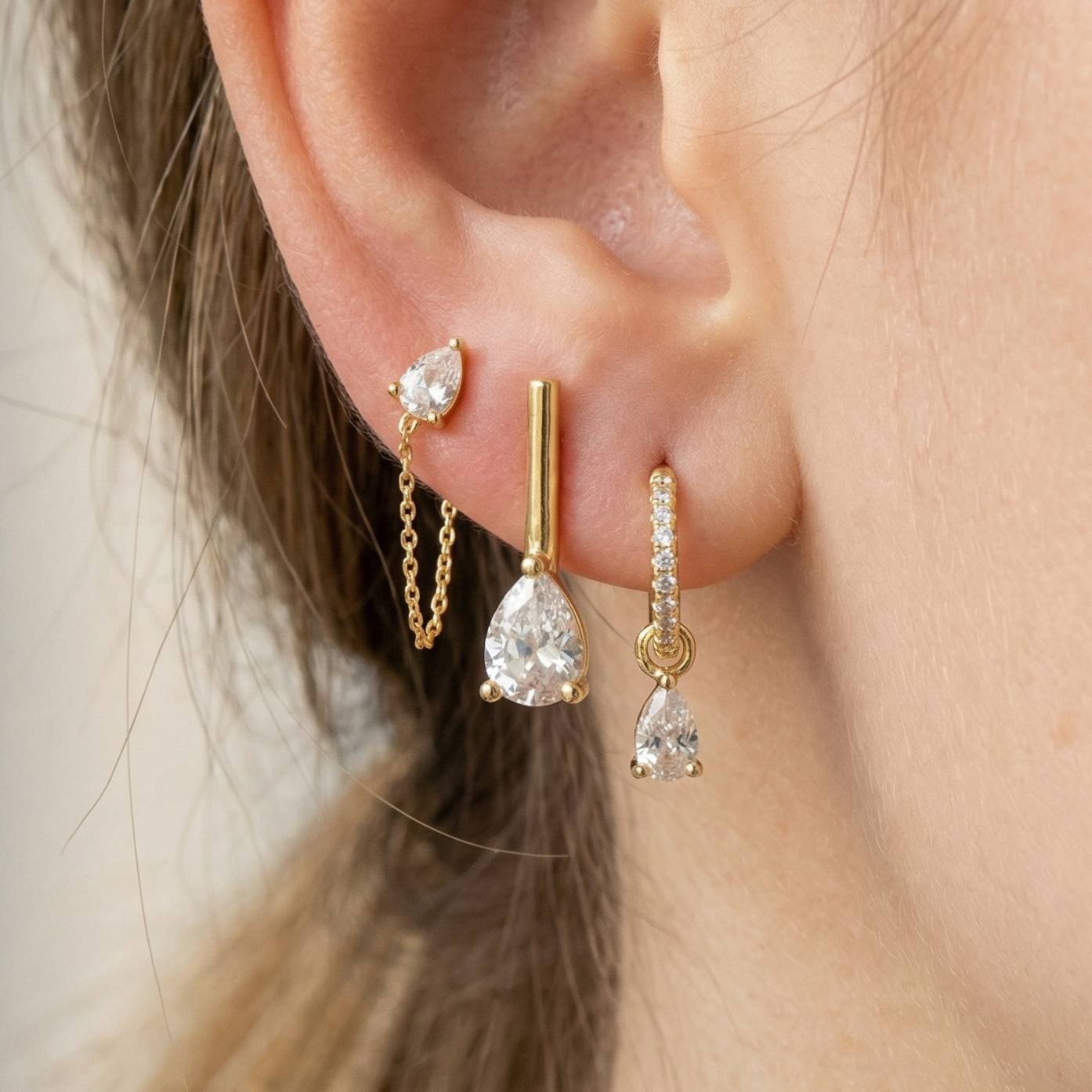Gold Dipped Mixed Cz Tear Drops Earrings Set