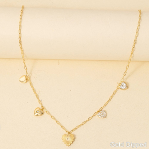 Gold Dipped Mixed Cz Heart Charms Necklace