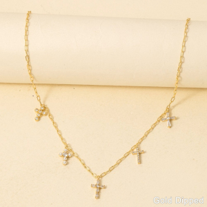 Gold Dipped Cz And Pearl Cross Charms Necklace