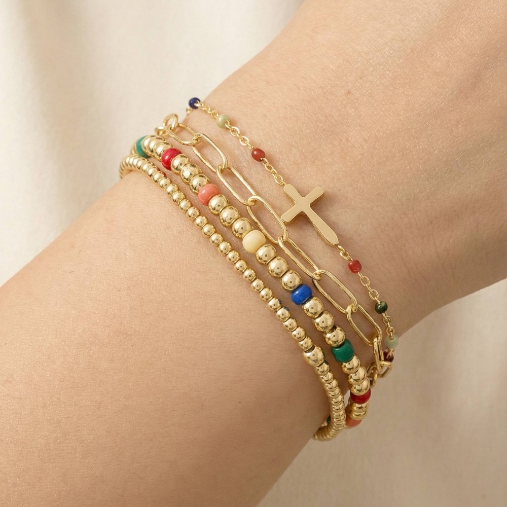 Cross Charm Mixed Beads And Chains Bracelet