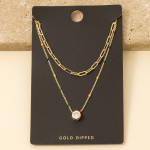 Gold Dipped Enamel Cz Pendant Layered Necklace