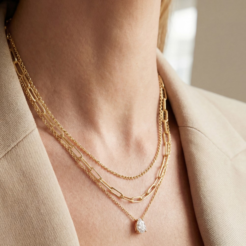 Gold Dipped Cz Tear Pendant Layered Chains Necklace