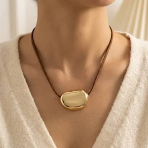 Gold Dipped Oval Pendant Corded Necklace