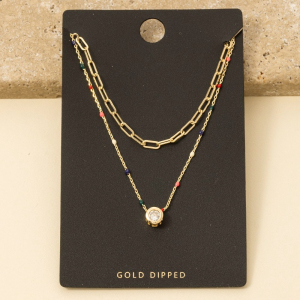 Gold Dipped Multi Enamel Drops Cz Pendant Layered Necklace