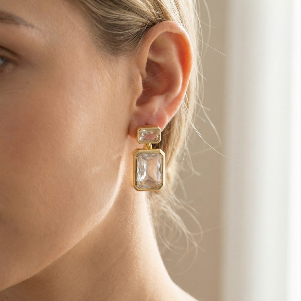 Gold Dipped Double Cz Dangle Earrings