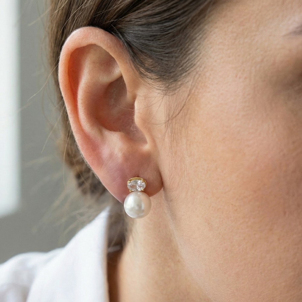 Gold Dipped Oval Cz And Pearl Stud Earrings