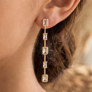 Gold Dipped Cz Baguette Chain Drop Earrings