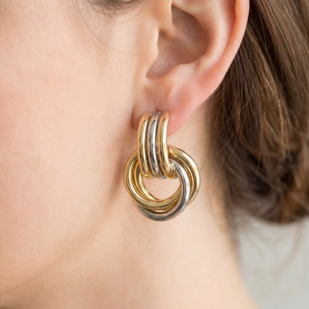 Gold Dipped Two Tone Knotted Hoops Dangle Earrings