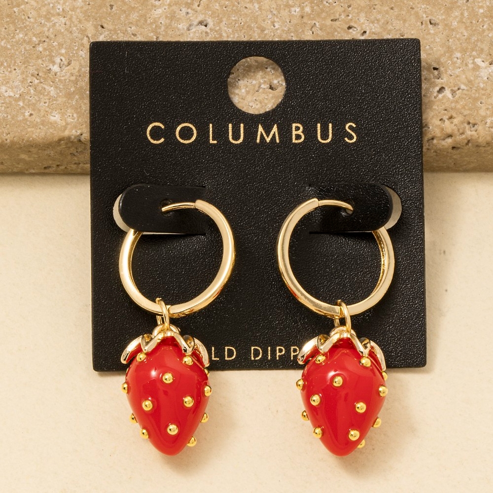 Gold Dipped Strawberry Fruit Charm Dangle Earrings