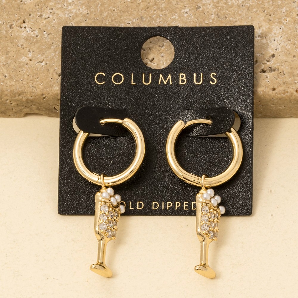 Gold Dipped Cz Pearl Champagne Charm Hoop Earrings