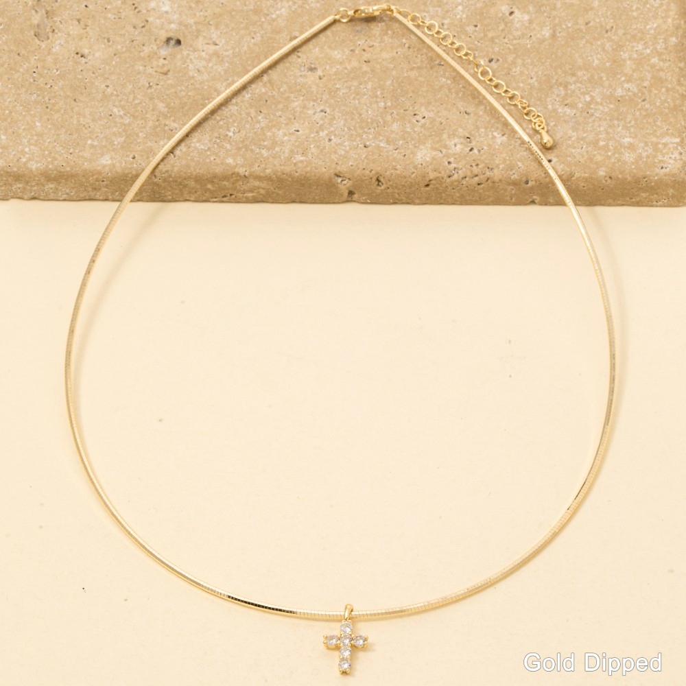 Gold Dipped Cz Studded Cross Pendant Choker Necklace