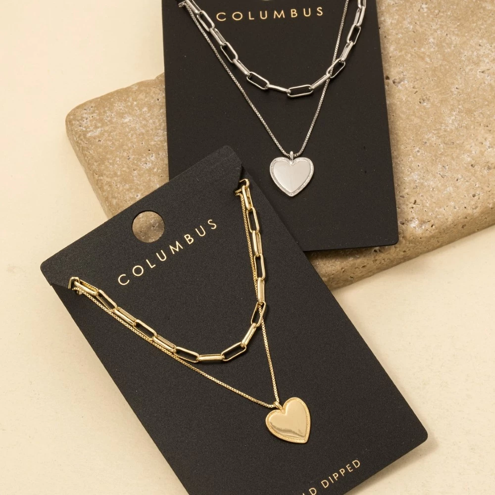 Gold Dipped Heart Pendant Chain Layered Necklace