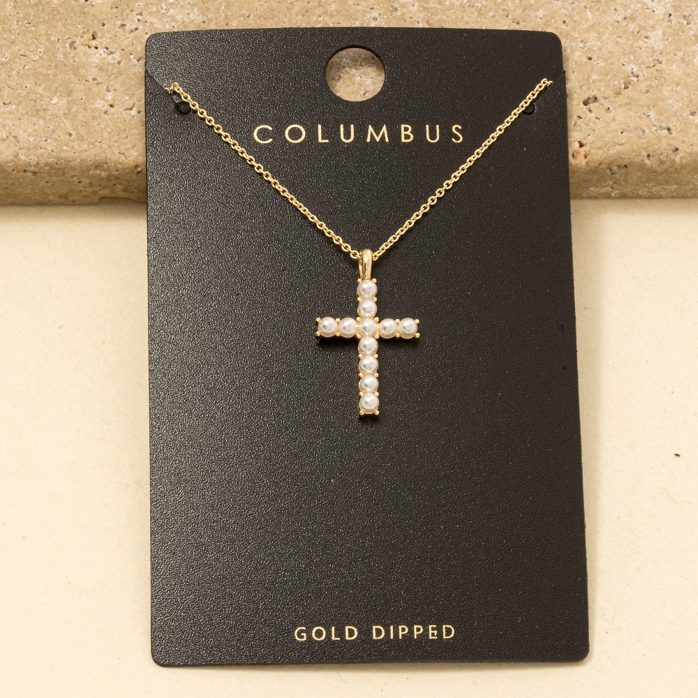 Gold Dipped Pearl Studded Cross Pendant Necklace