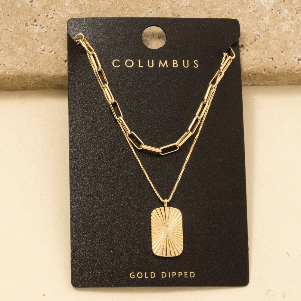 Gold Dipped Textured Rectangle Pendant Necklace