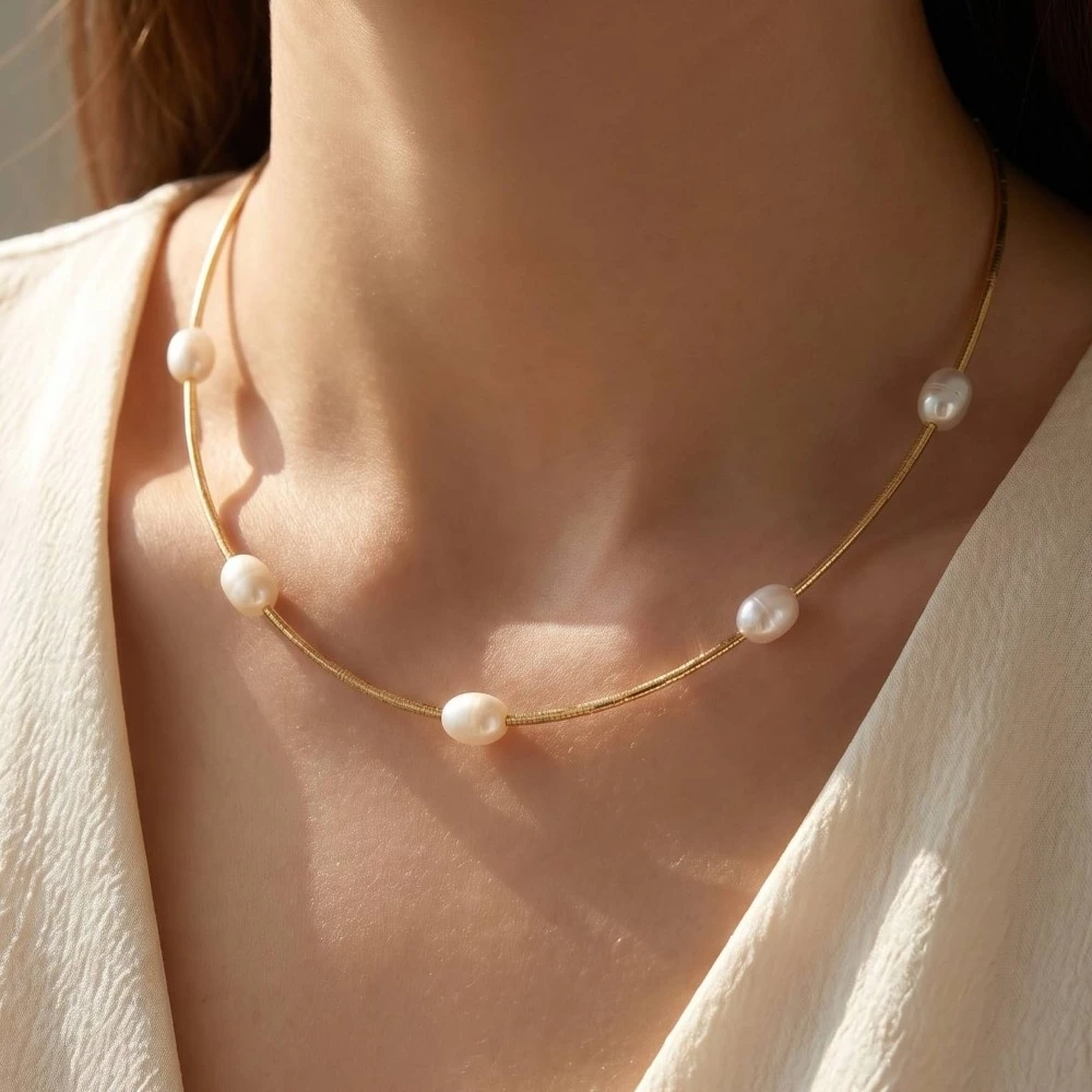 Gold Dipped Pearl Station Necklace