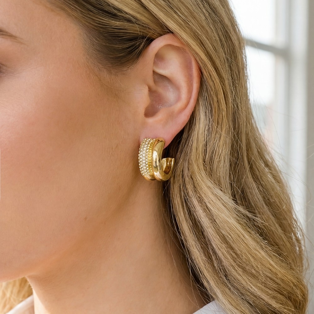 Gold Dipped Cz Two Row Hoop Earrings