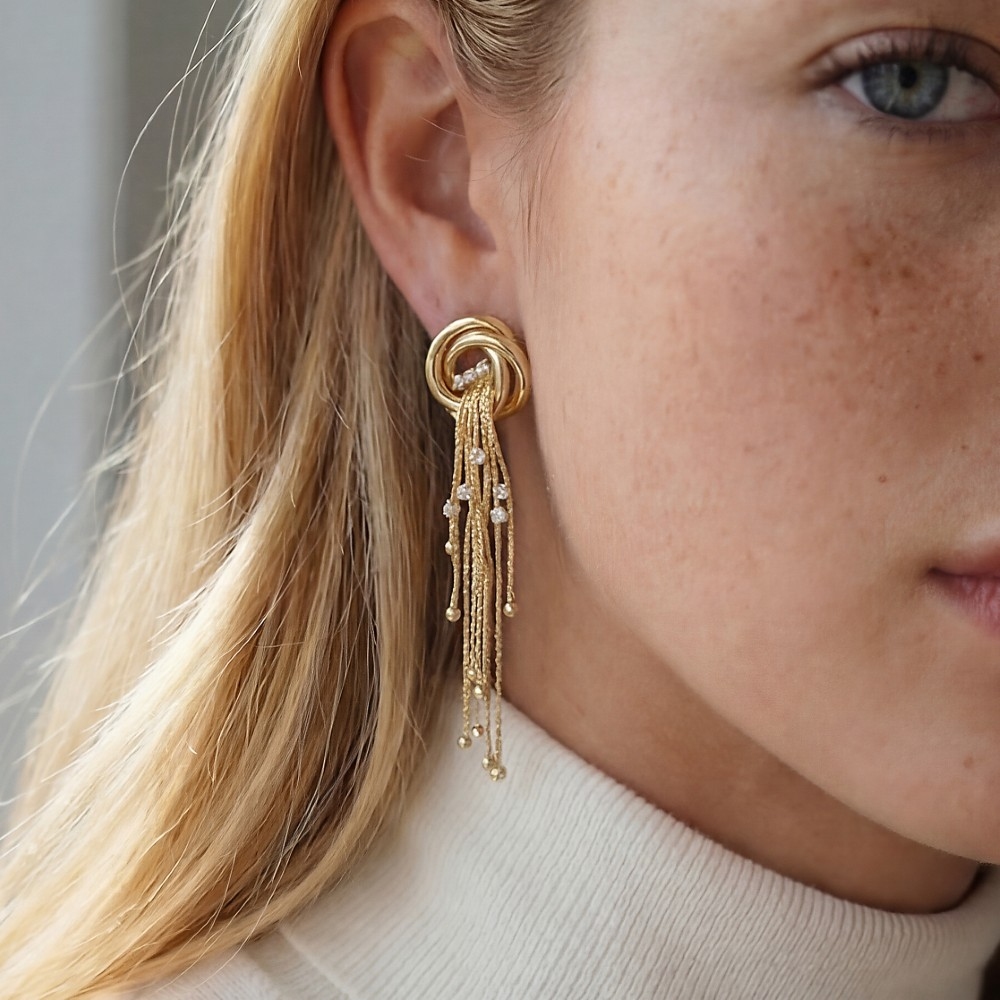 Gold Dipped Knot And Long Chain Fringe Stud Earrings