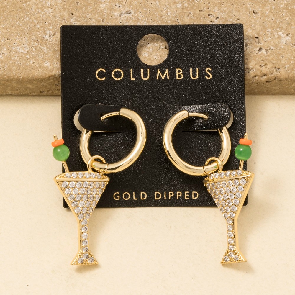Gold Dipped Pave Martini Glass Hoop Earrings