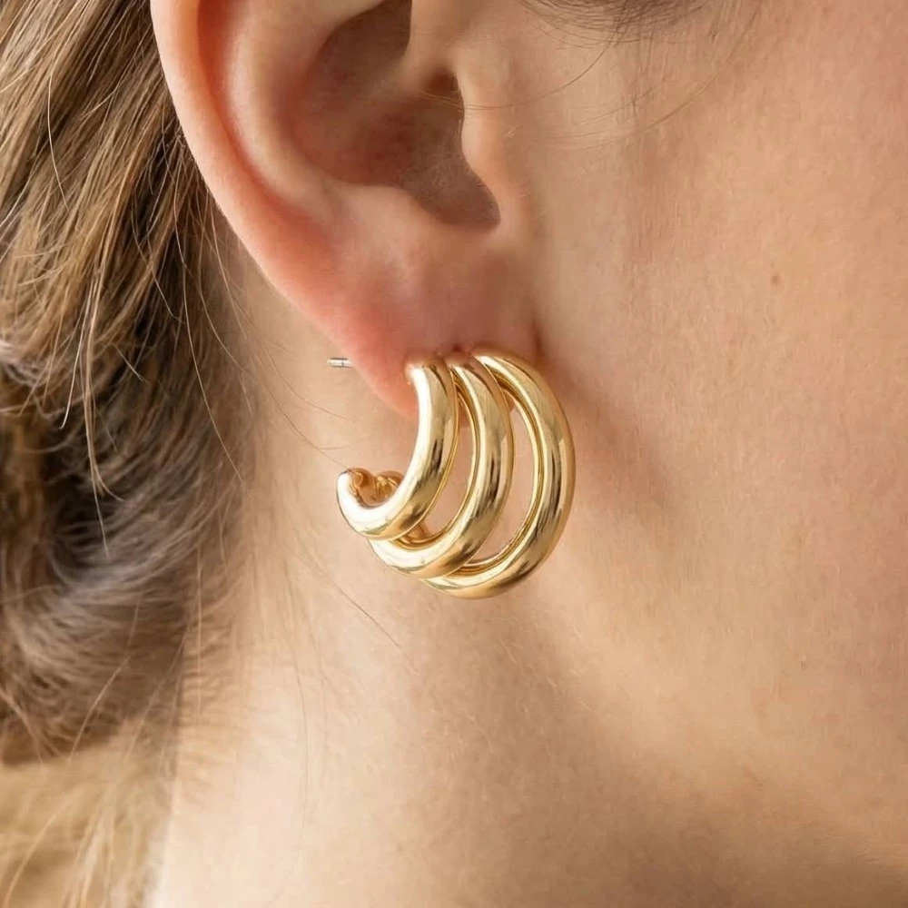 Gold Dipped Three Row Hoop Earrings